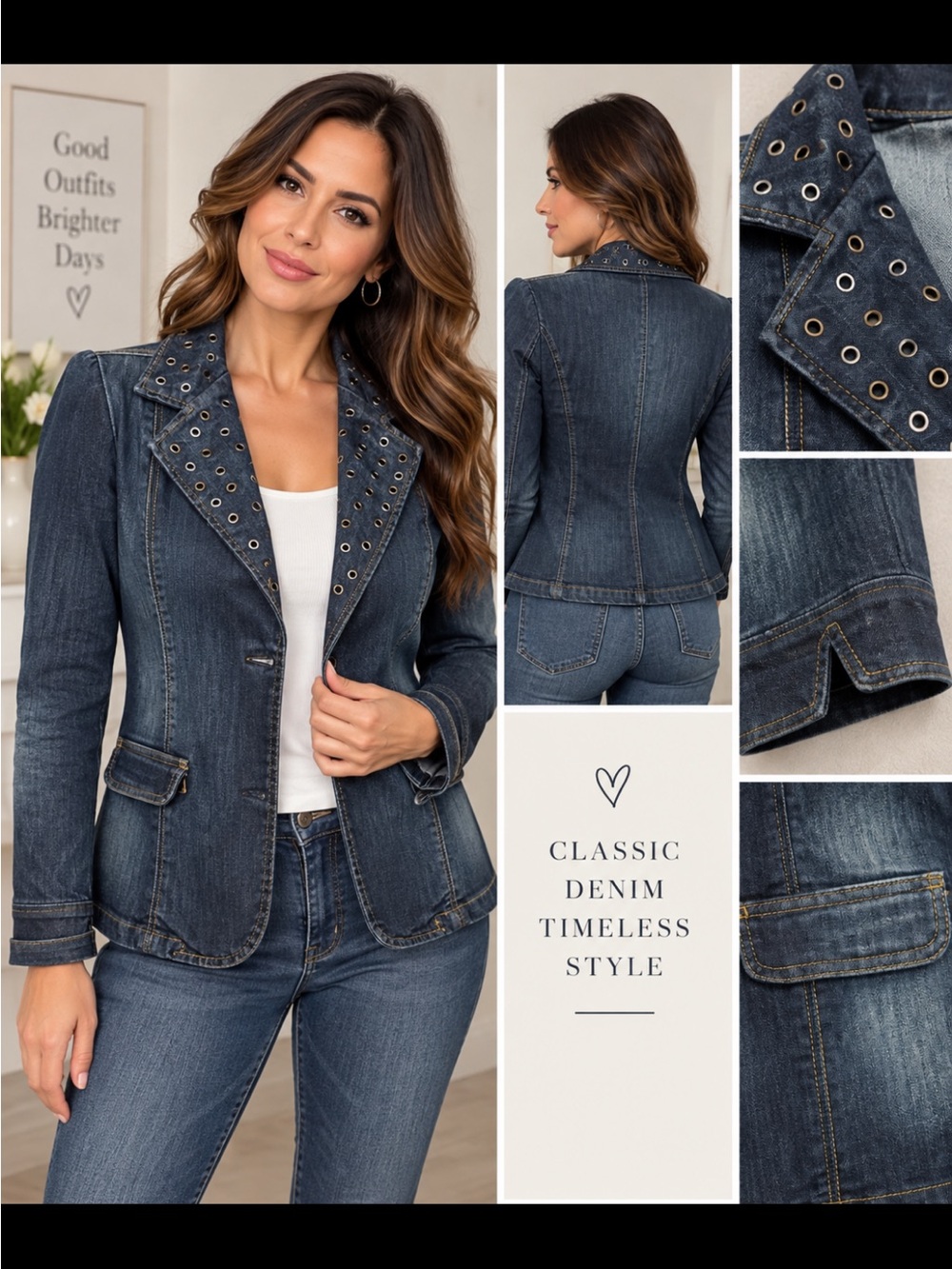 Women’s Denim Jacket Embellished Silver Grommet Details Size L Approx.